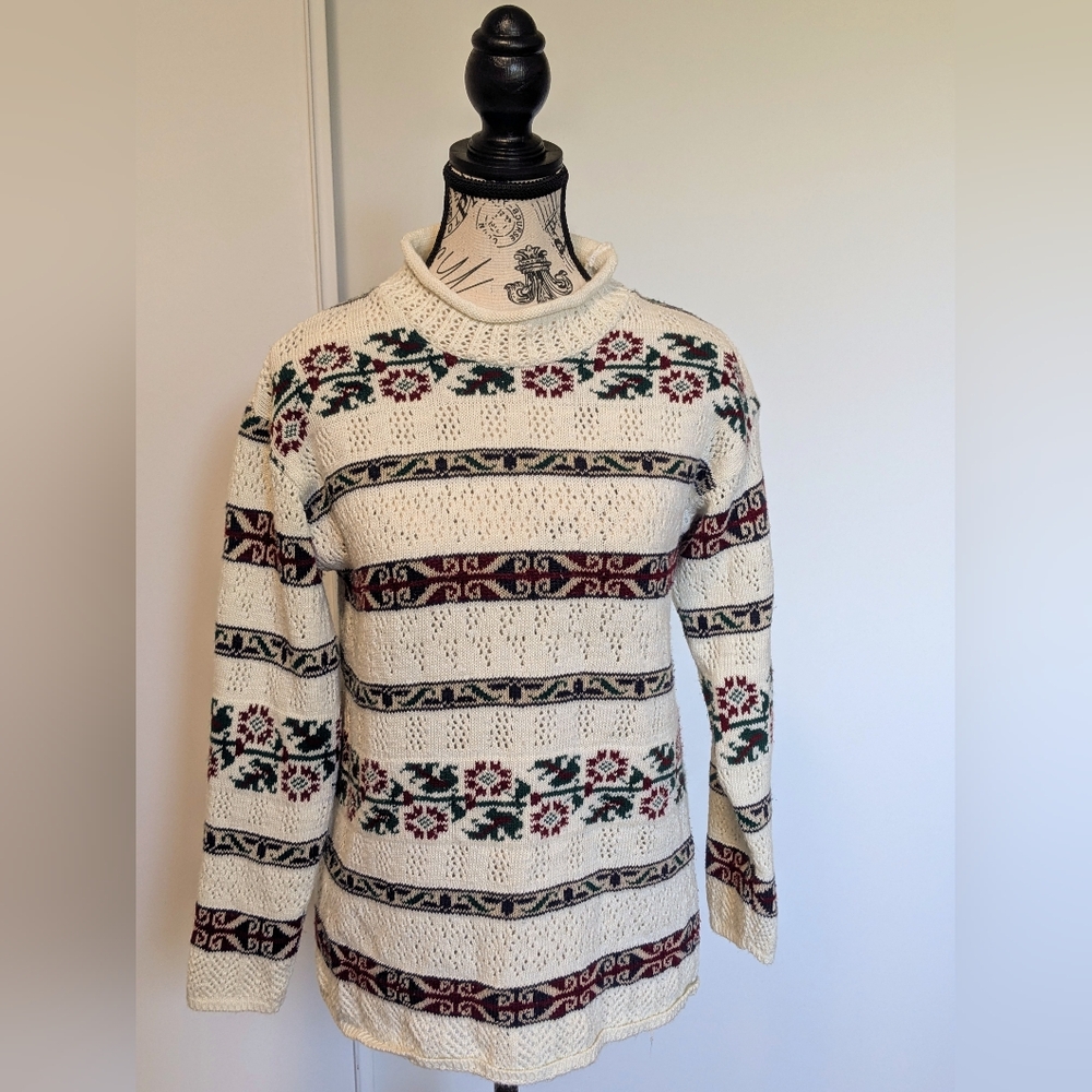 Great Lakes Country Vintage Sweater | Cream Knit Folk Eagle Pattern | Women’s S
